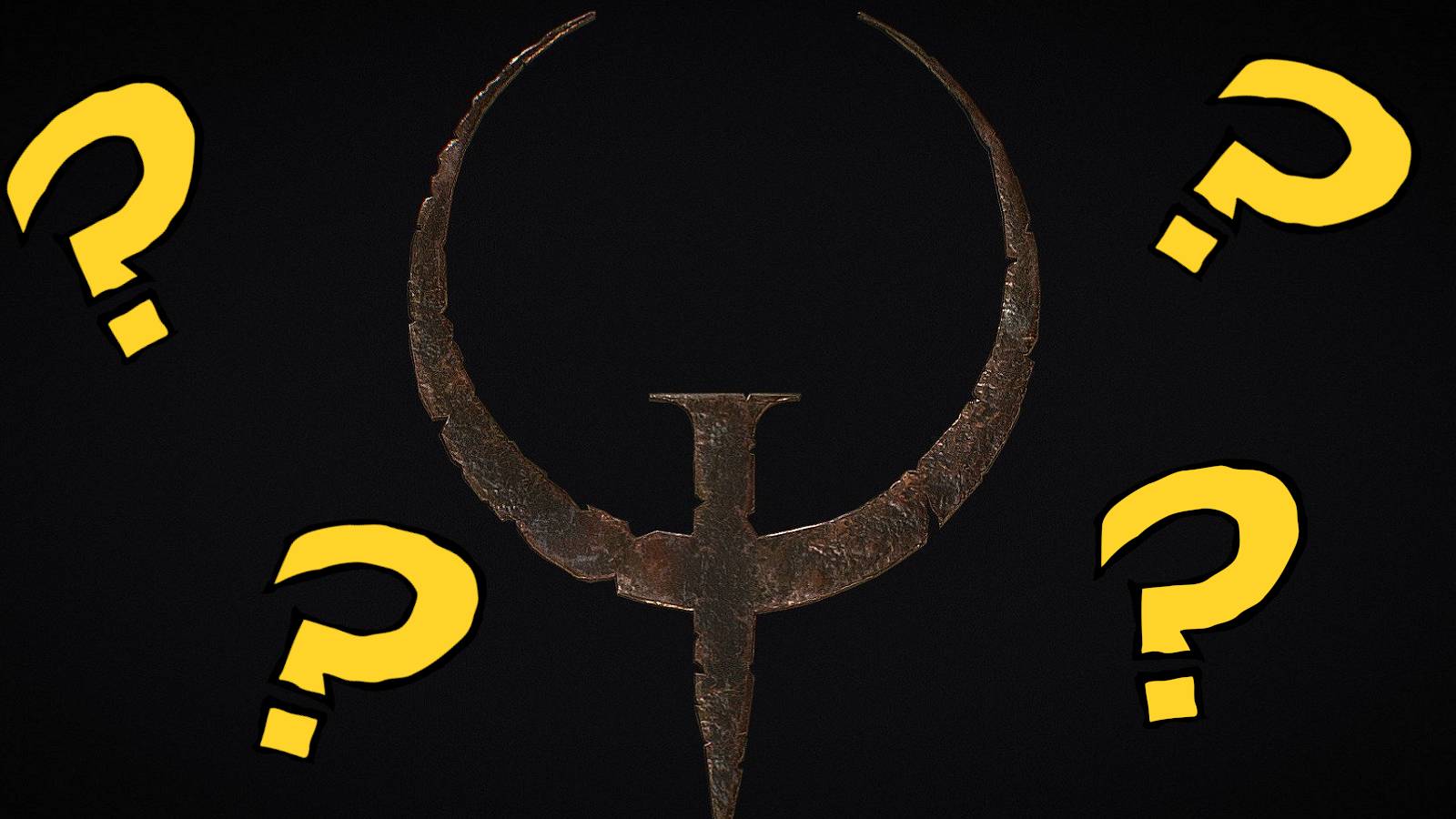The Quake 1 logo on a black background with yellow question marks all around it.
