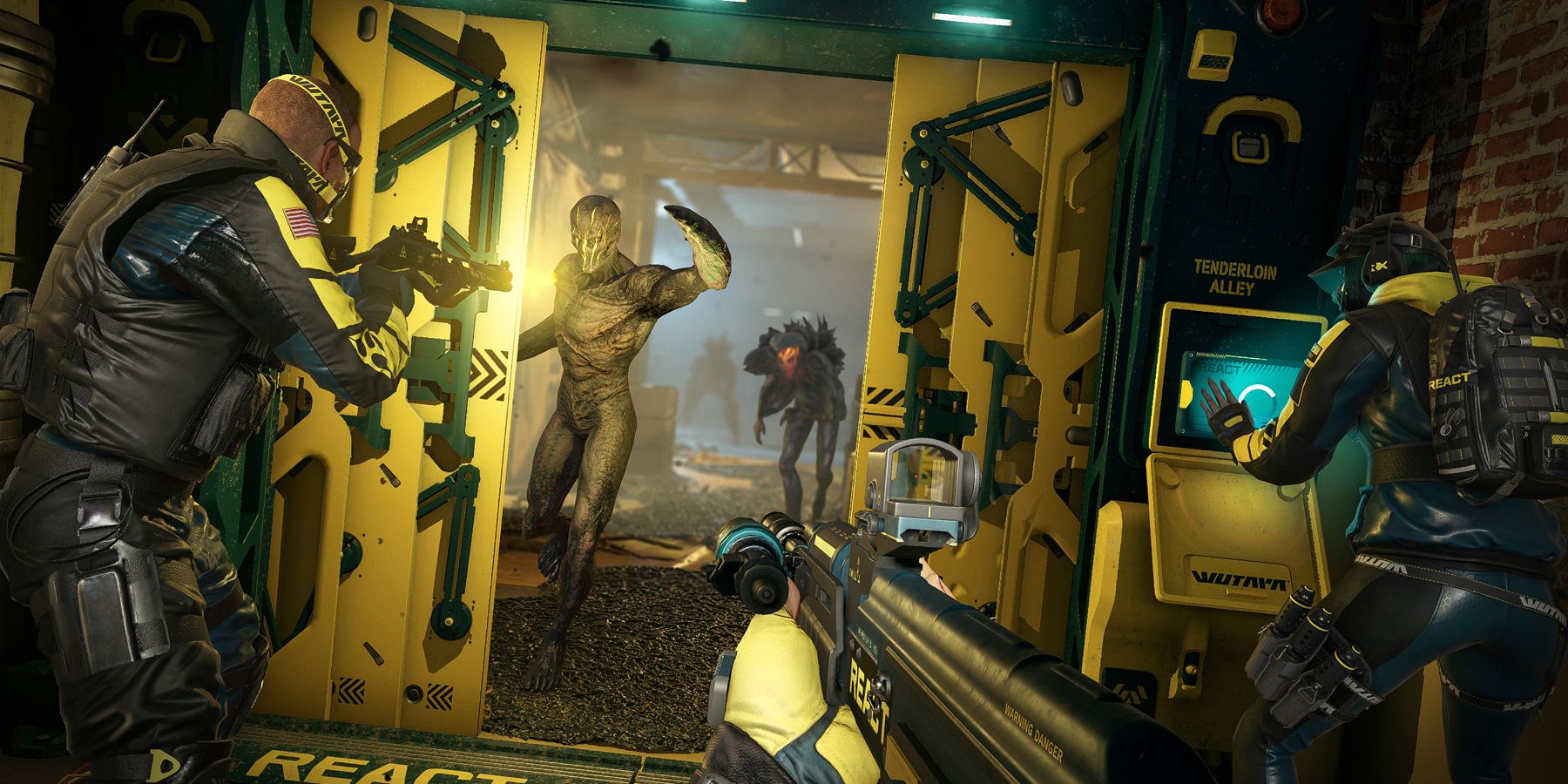 Operators move through a mission location fighting Archaen in Rainbow Six Extraction.