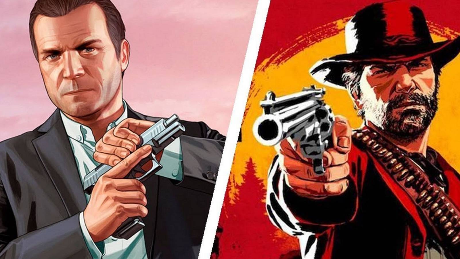 Split image showing Michael from Grand Theft Auto on the left and John Marston from Red Dead Redemption on the right.
