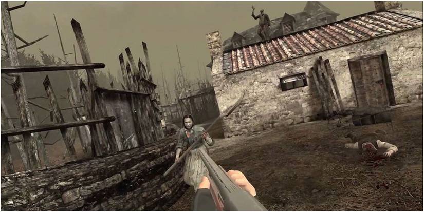 Fighting off the villagers in RE4 VR