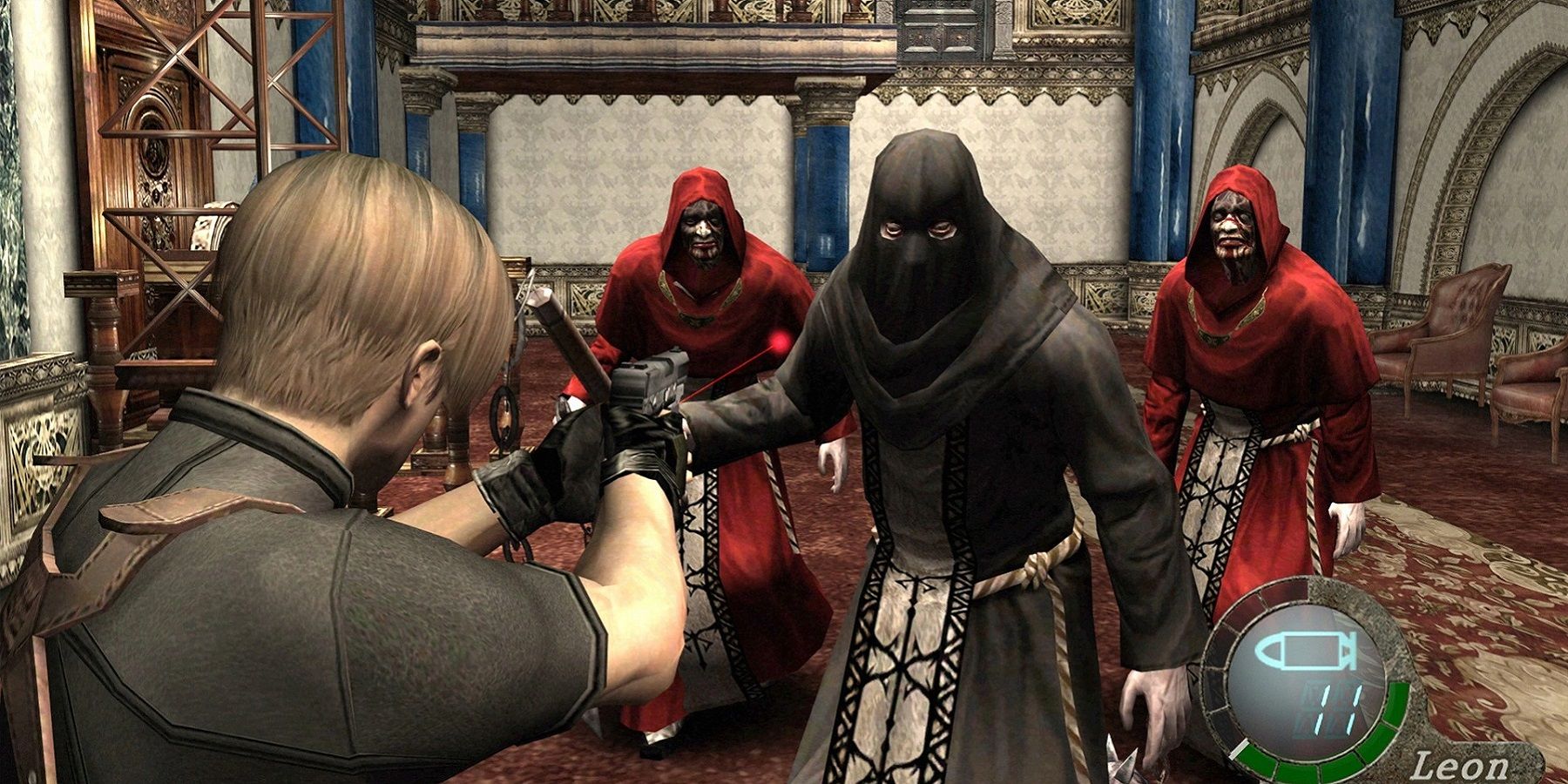 Screenshot from Resident Evil 4 showing Leon Kennedy about to show a group of Castle Ganado enemies.