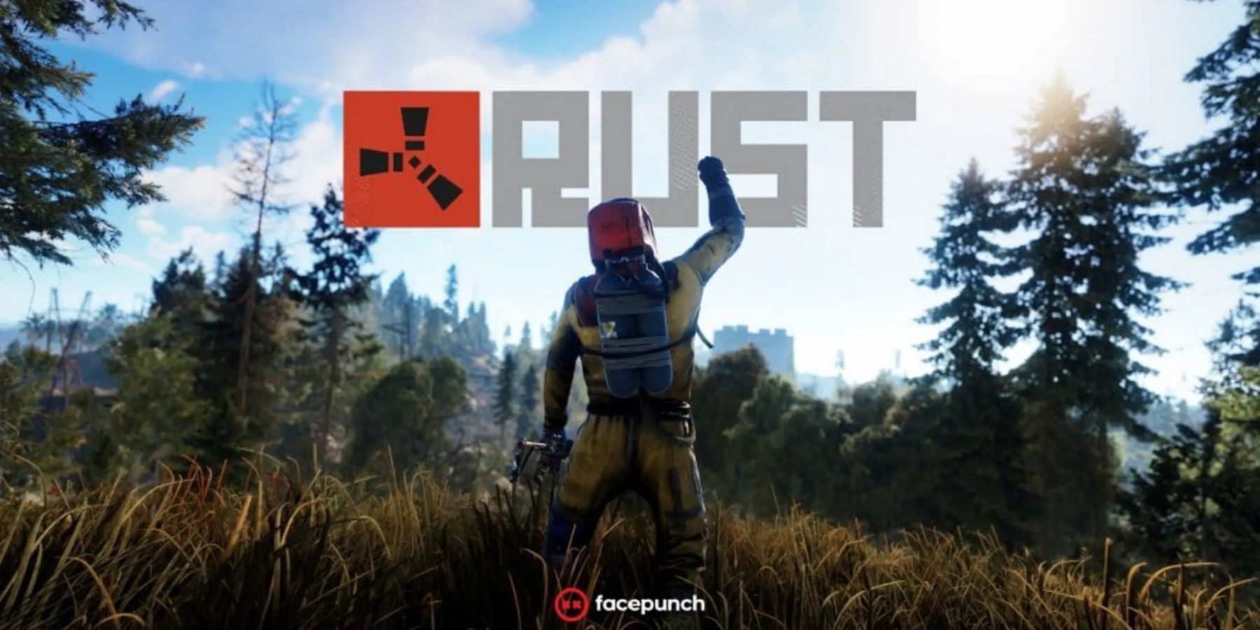 An image from Rust showing a player in a radiation suit who's air punching in a field.