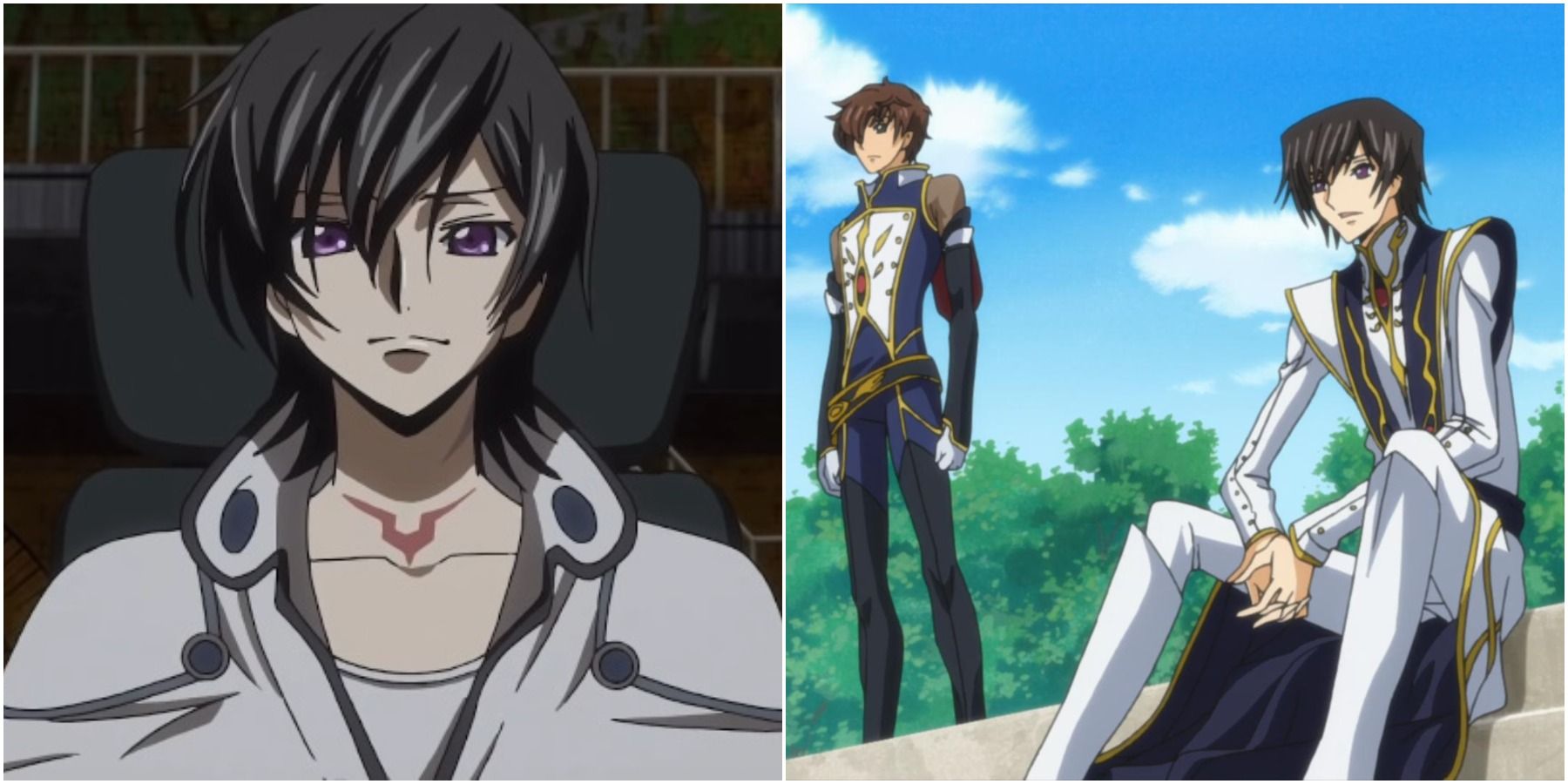 Split image of Lelouch and Lelouch with Suzaku. 