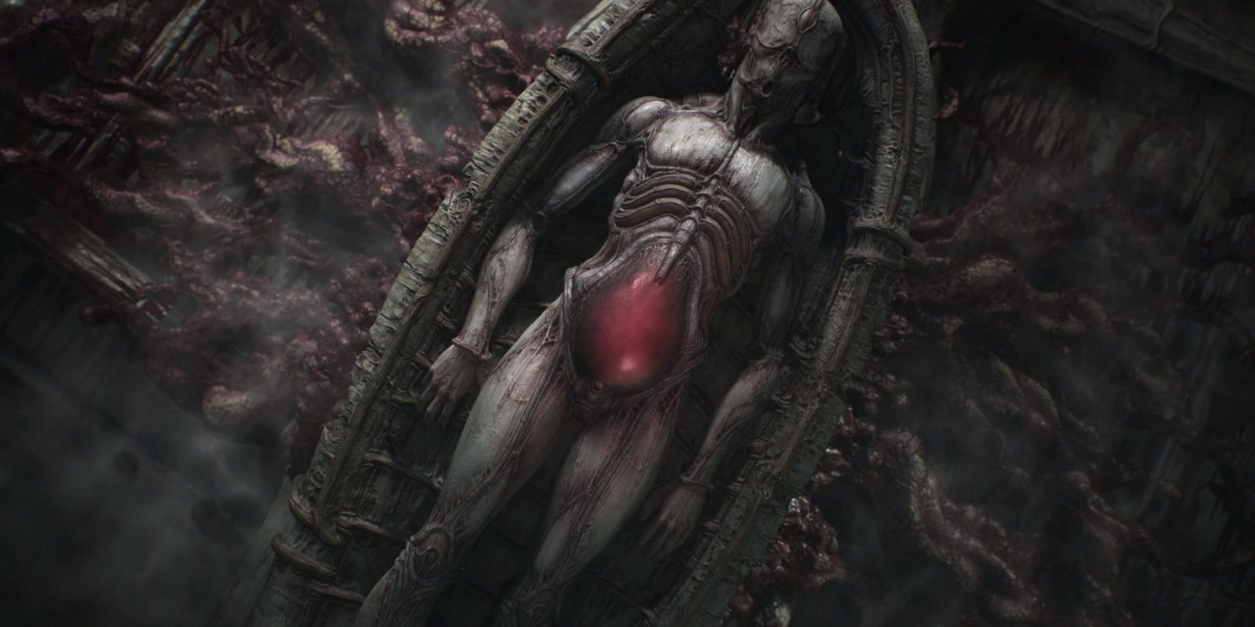 An image from the horror game Scorn showing a horrifying humanoid creature with a glowing red belly.