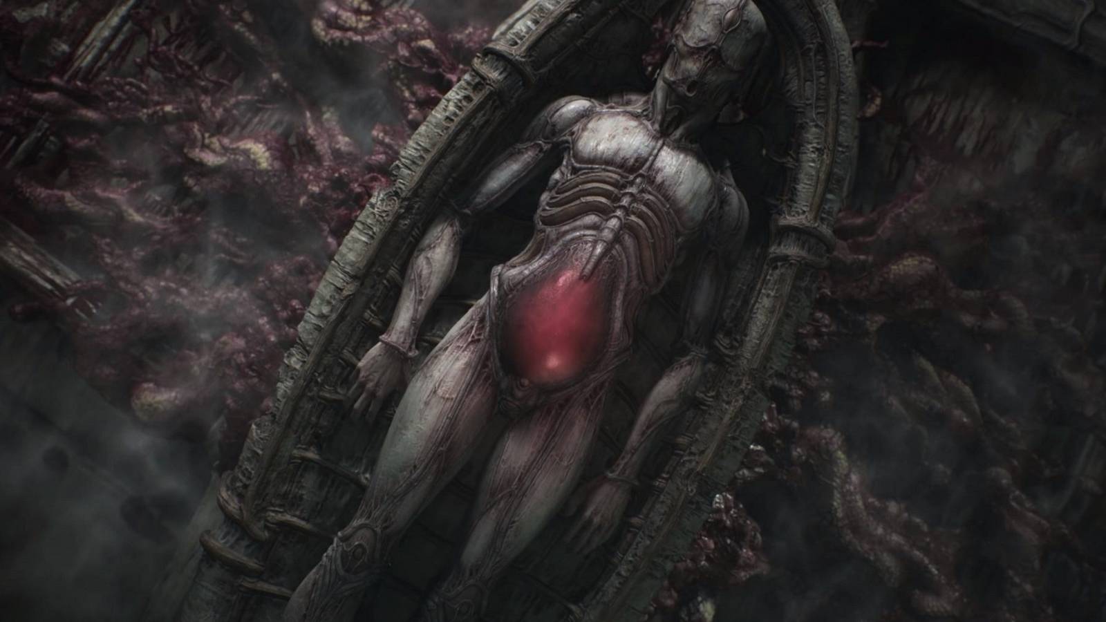 An image from the horror game Scorn showing a horrifying humanoid creature with a glowing red belly.