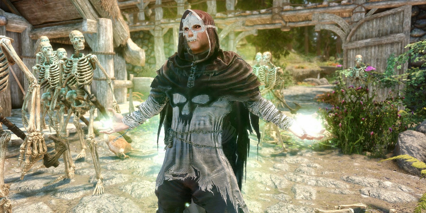 Screenshot from Skyrim showing the necromancer robes from the Skyblivion remake..