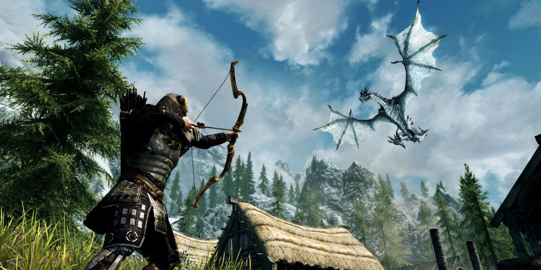 Screenshot from The Elder Scrolls 5: Skyrim showing an archer firing at a dragon that's flying overhead.