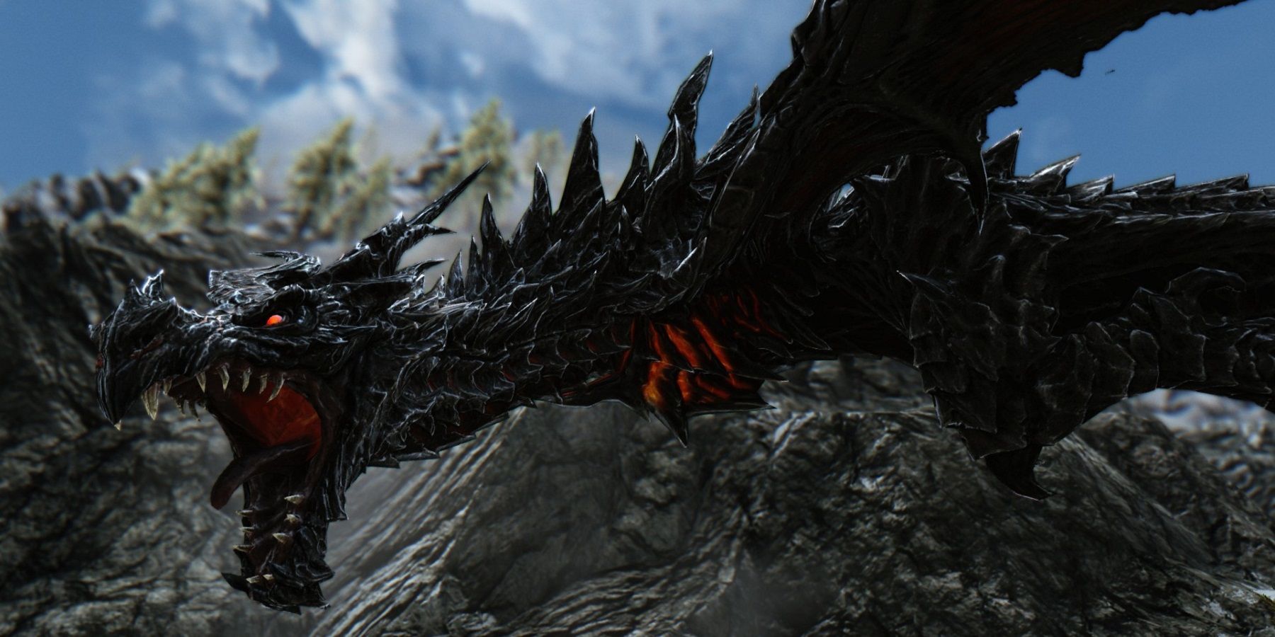 A close-up of a very dark looking Skyrim dragon.