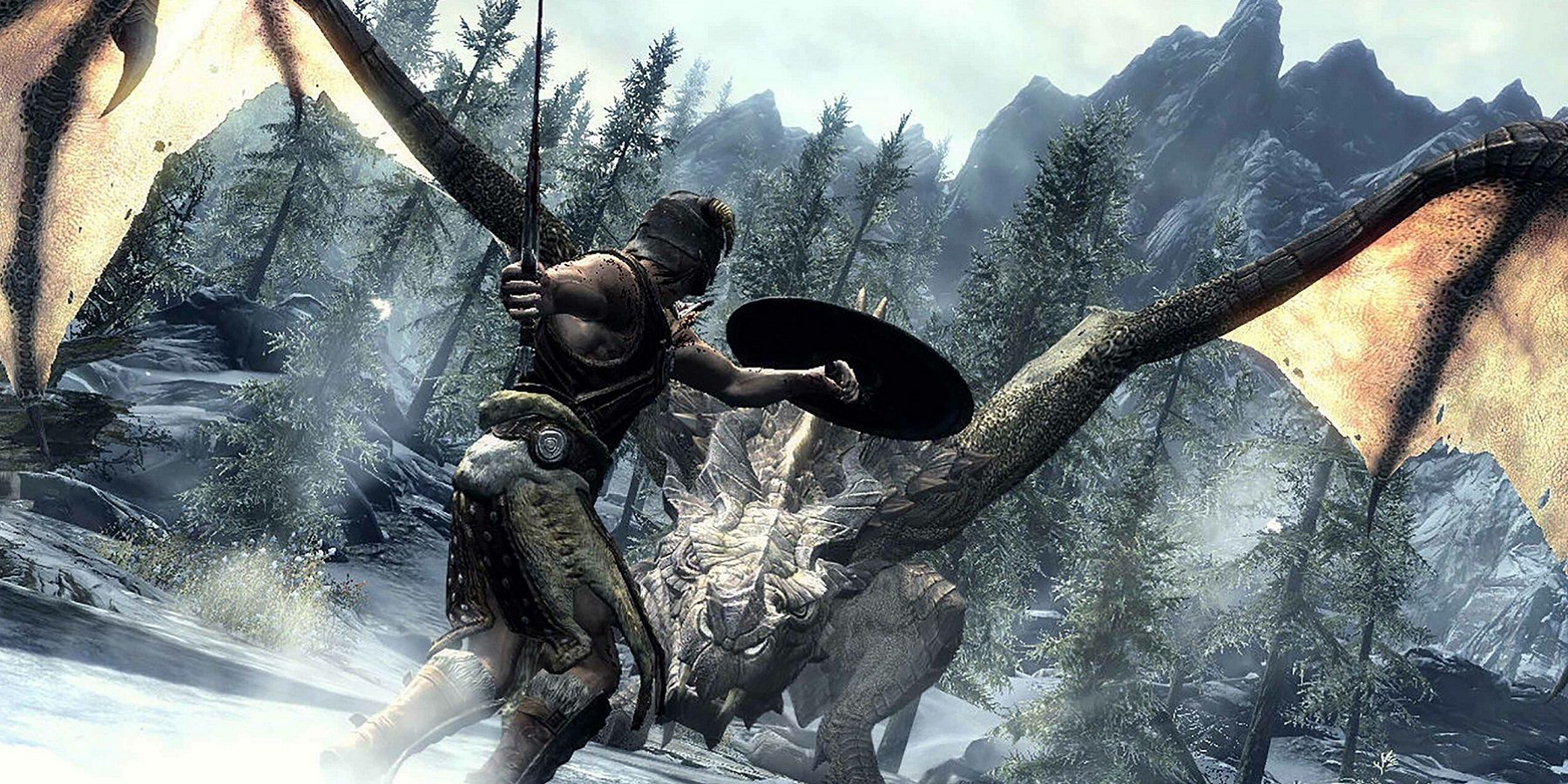 Screenshot from The Elder Scrolls 5: Skyrim showing a player about to strike at a dragon with a sword.