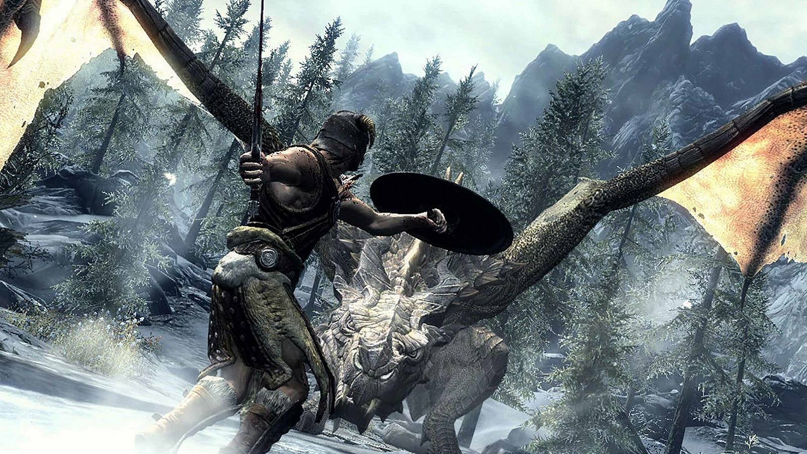 Screenshot from The Elder Scrolls 5: Skyrim showing a player about to strike at a dragon with a sword.