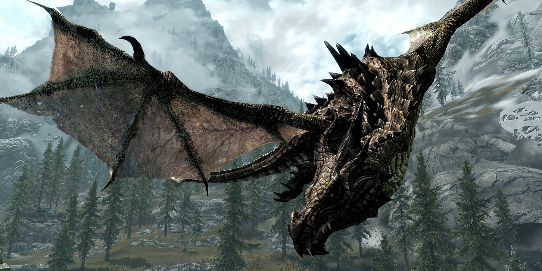 Image from The Elder Scrolls 5: skyrim showing a close-up of a dragon flying.