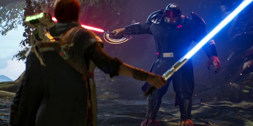 Screenshot from Star Wars Jedid: Fallen Order showing two people about to have a light saber battle.