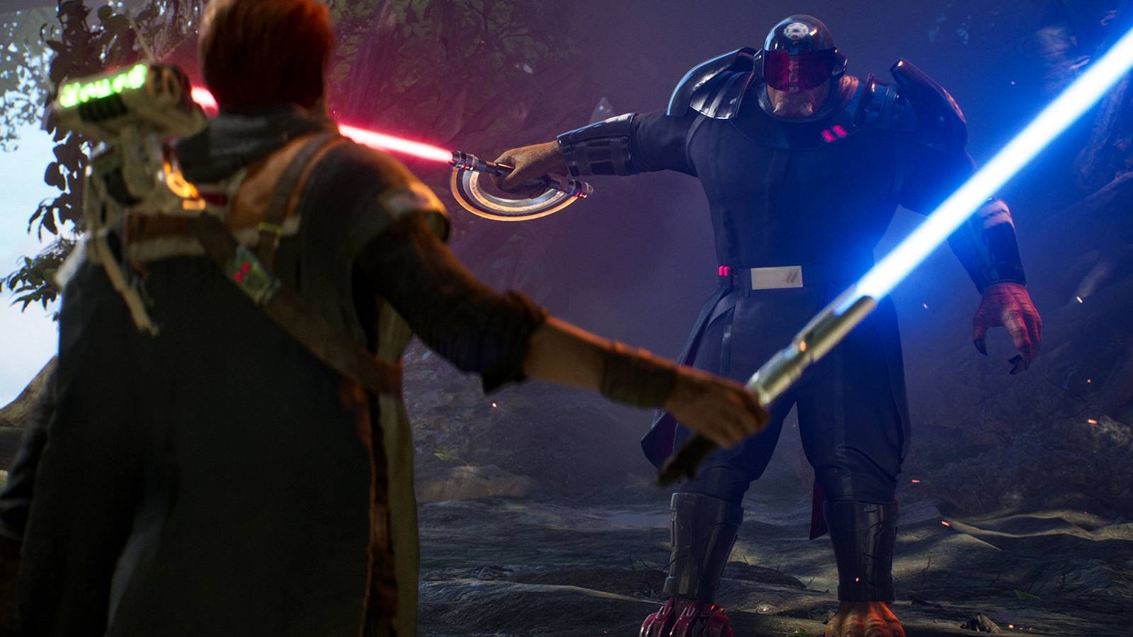Screenshot from Star Wars Jedid: Fallen Order showing two people about to have a light saber battle.