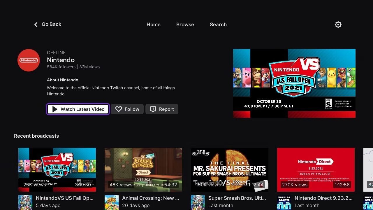 A screenshot from the Switch version of Twitch showing the Nintendo channel.