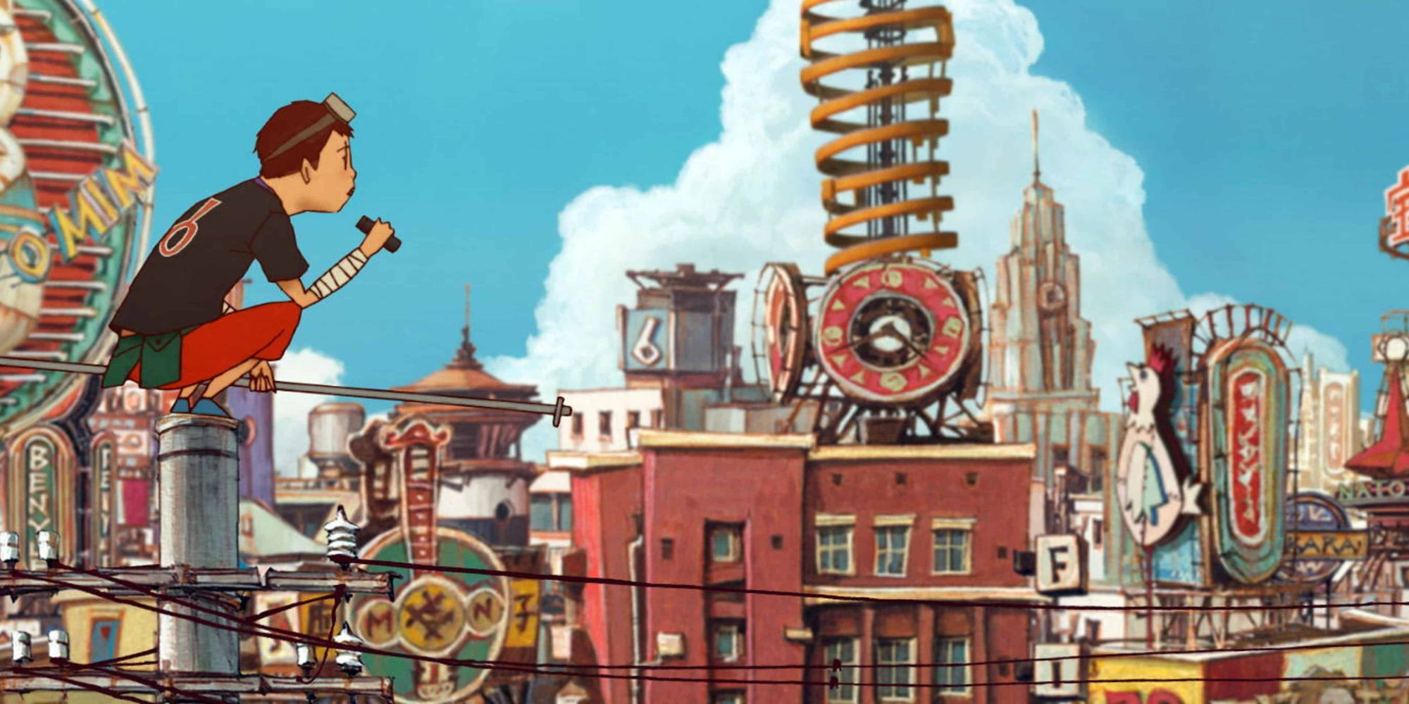 A character from Tekkonkinkreet perches on a pipe, gazing out at the city