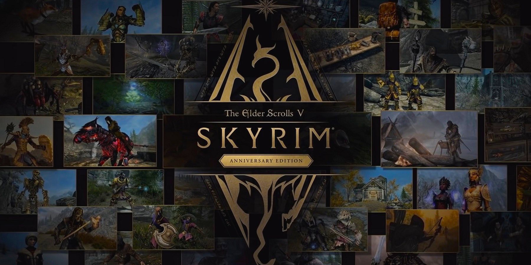 Skyrim Anniversary Edition logo in the middle with screenshots from the game in the background.