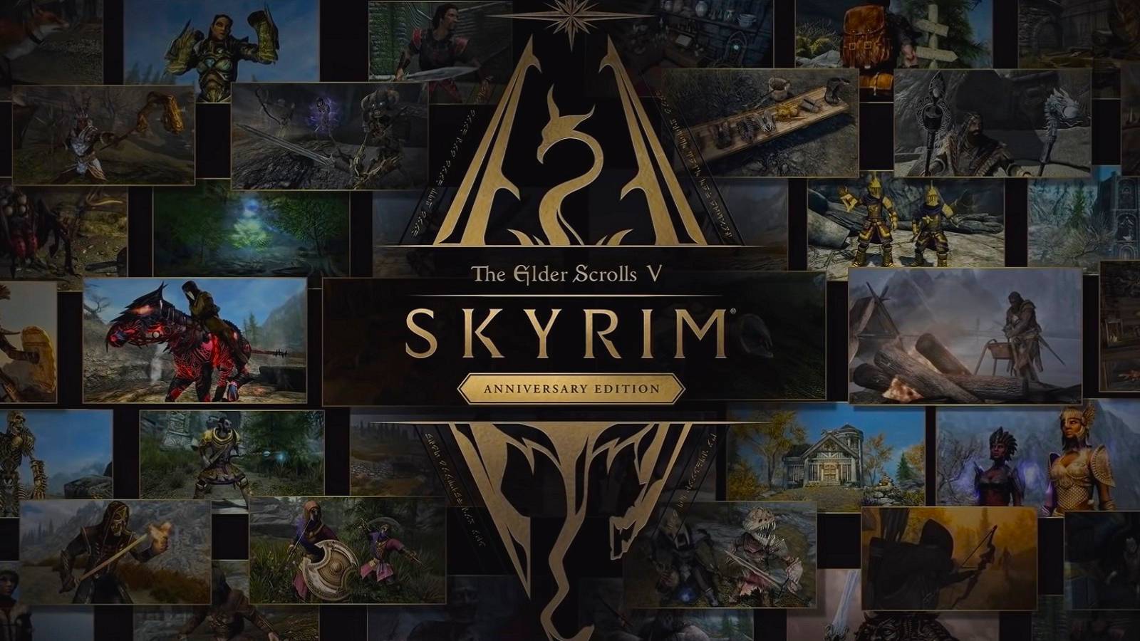 Skyrim Anniversary Edition logo in the middle with screenshots from the game in the background.