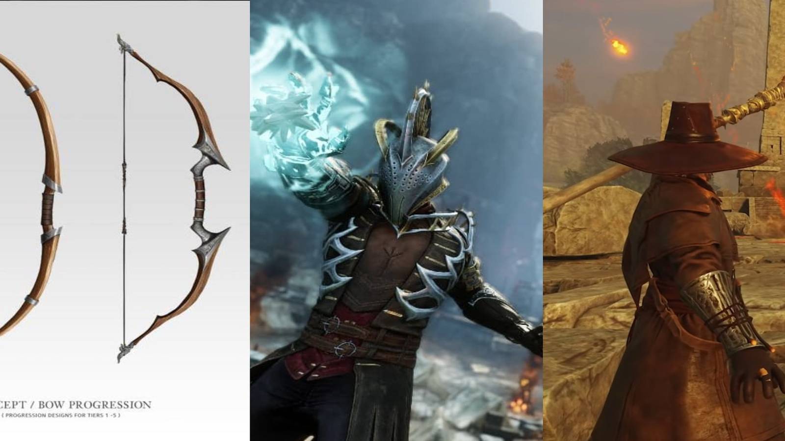 title image weapon mastery split image bows concept art frost glove fire staff