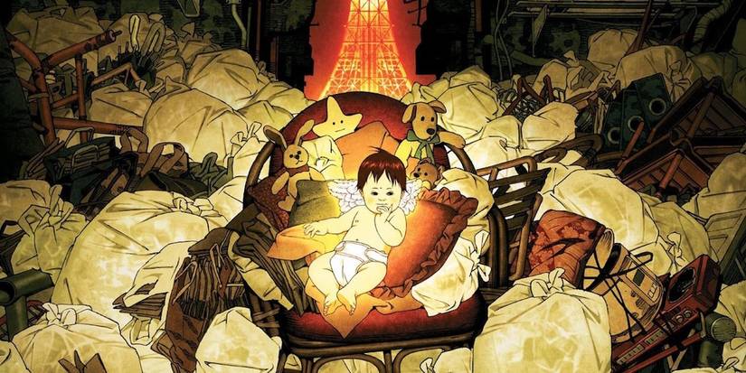 Baby on chair in trash pile. 