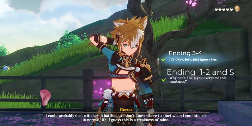 traveler and Gorou deciding how to deal with Gorou's weaknesses