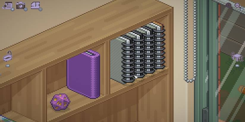 Bookshelf with books and a dice