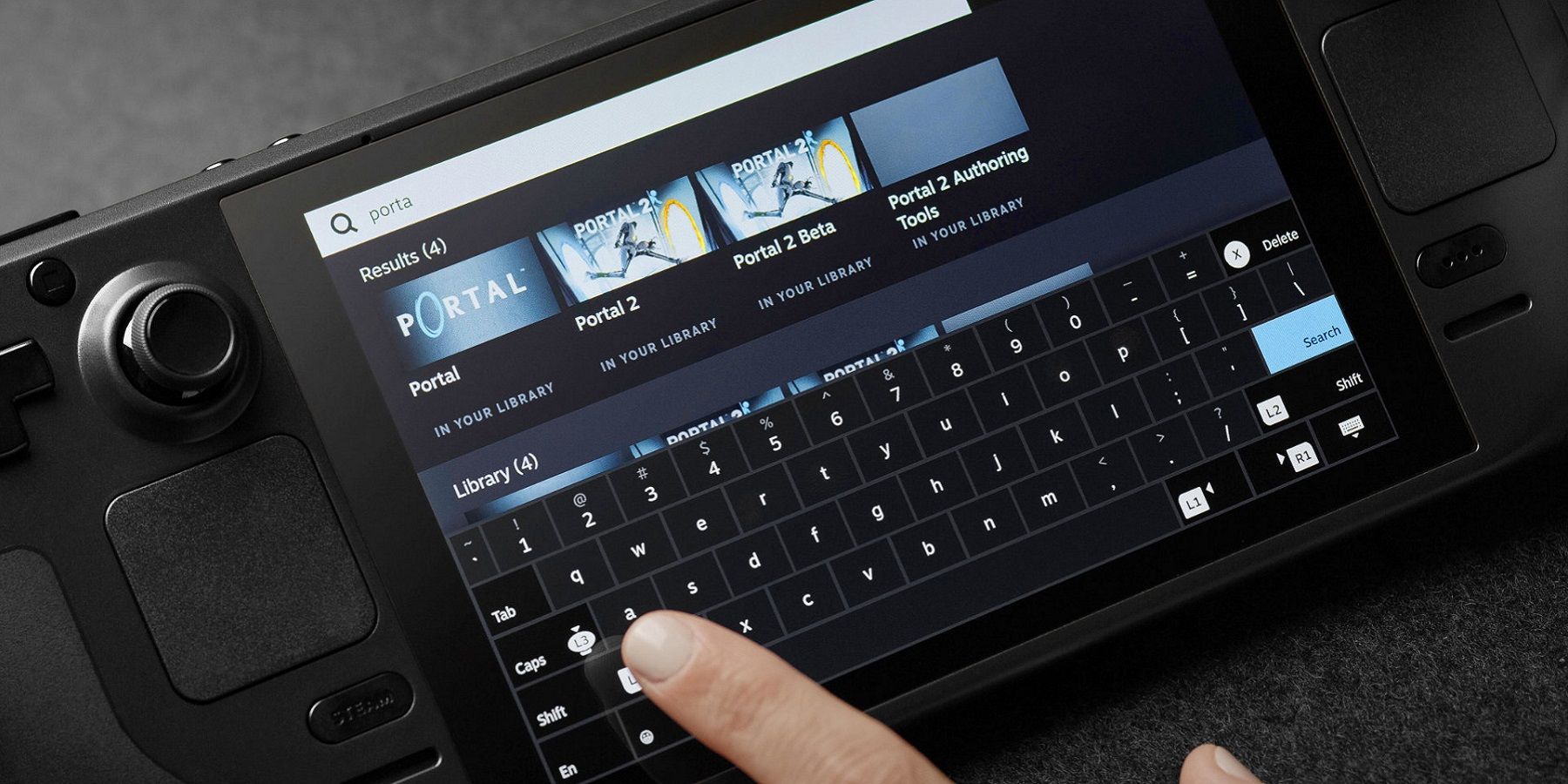 A close of the Steam Deck showing the touch-screen keyboard.