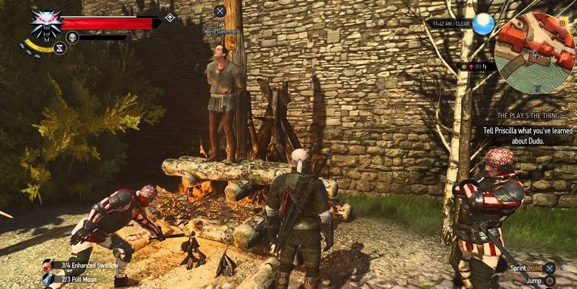 witcher 3 moritz about to be lit on fire on a pyre