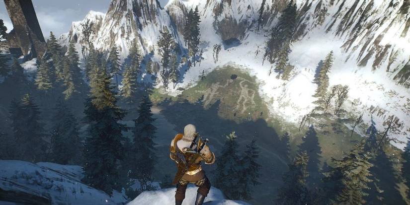witcher 3 geralt overlooking at a geoglyph in skellige