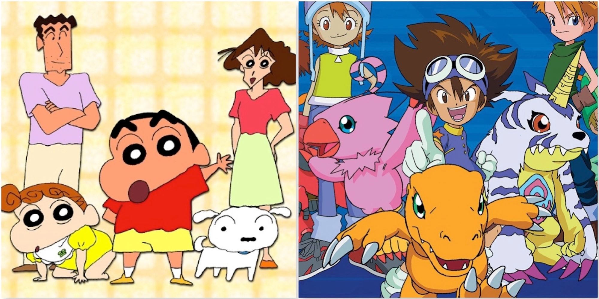 Shin Chan and his family from Shin Chan and promo art featuring the cast from Digimon Adventure