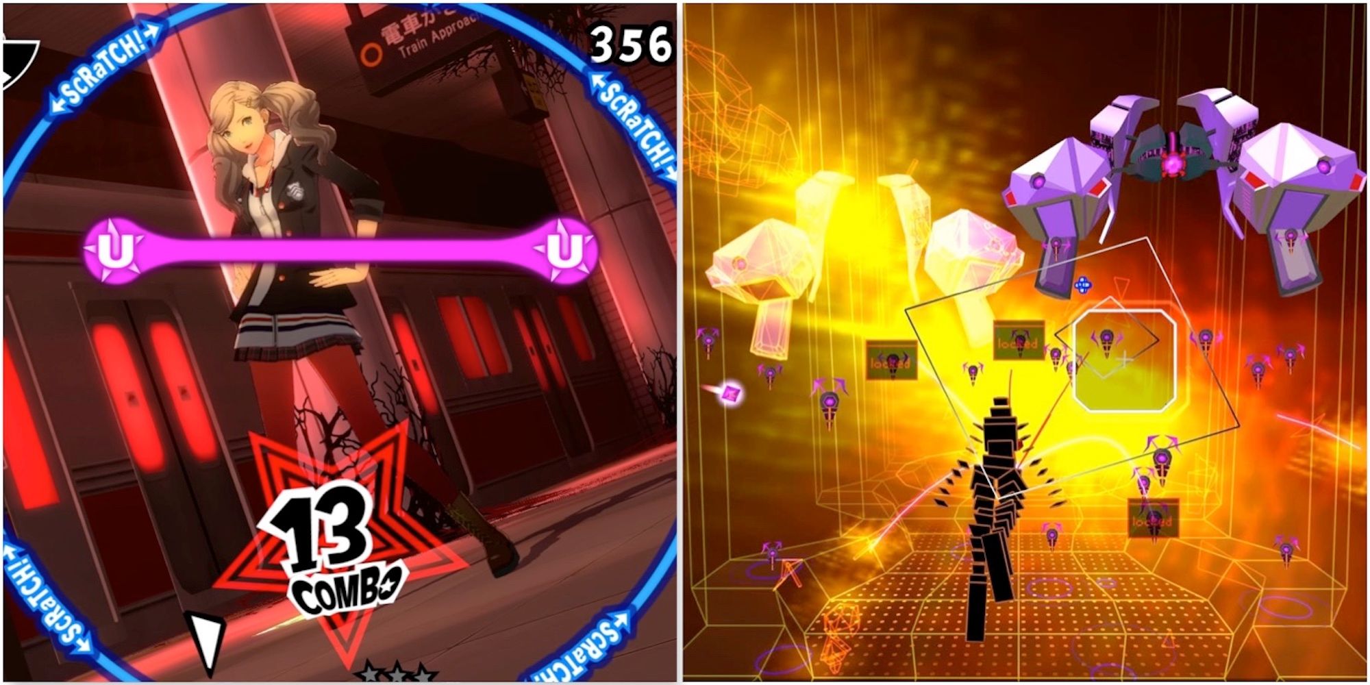 Playing through levels in Persona 5: Dancing In Starlight and Rez Infinite