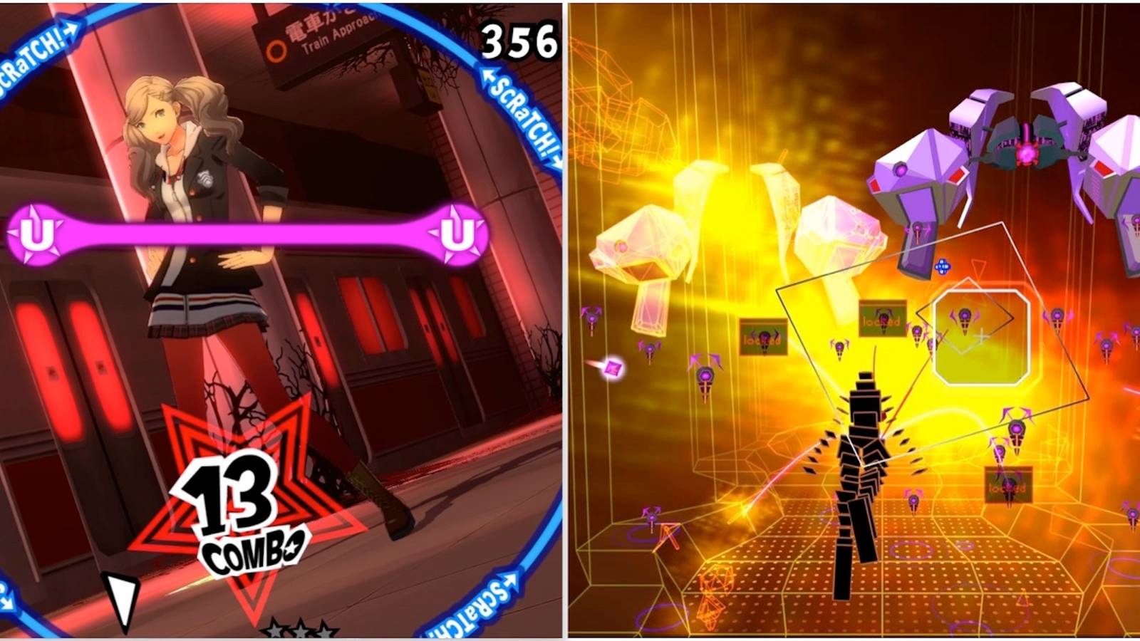 Playing through levels in Persona 5: Dancing In Starlight and Rez Infinite