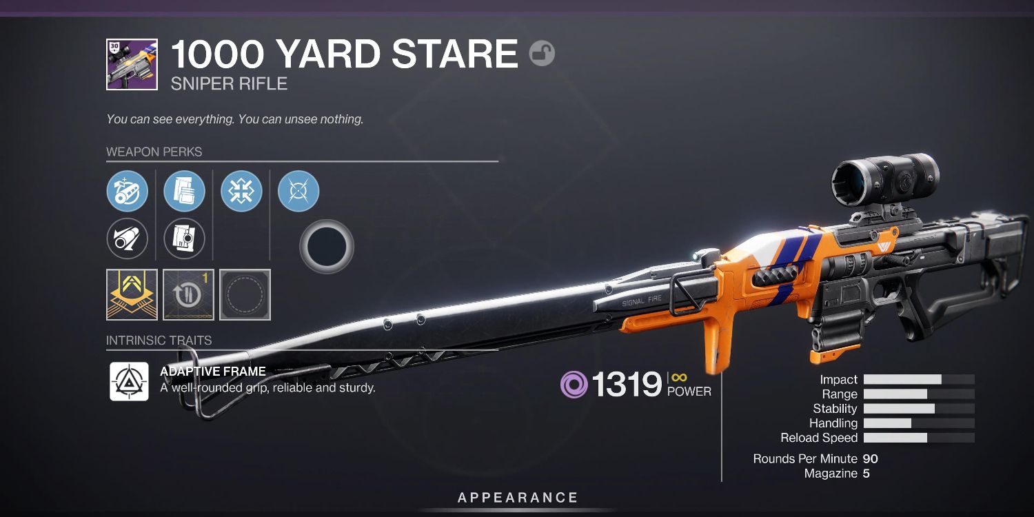 a gun menu screen with small information squares on the left and a long, orange sniper rifle on the right 