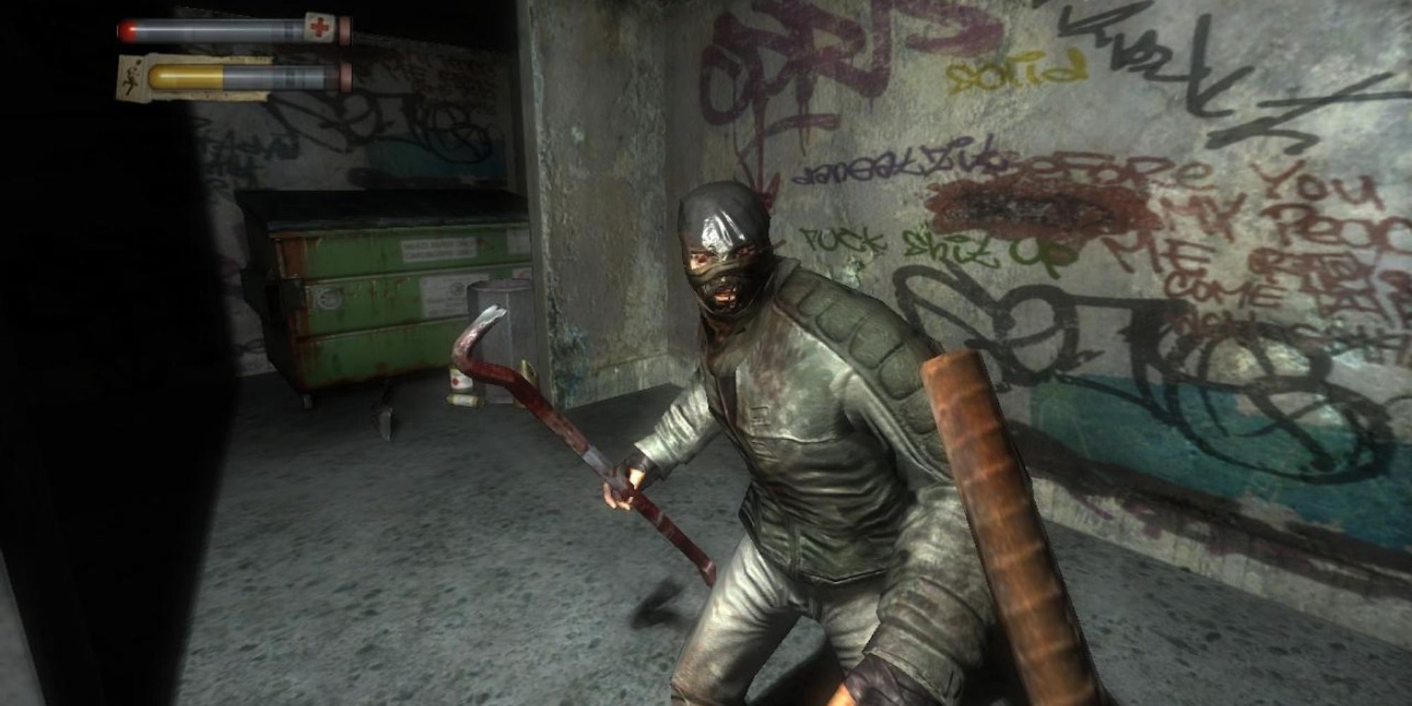 Player character brandishes a melee weapon against a masked assailant