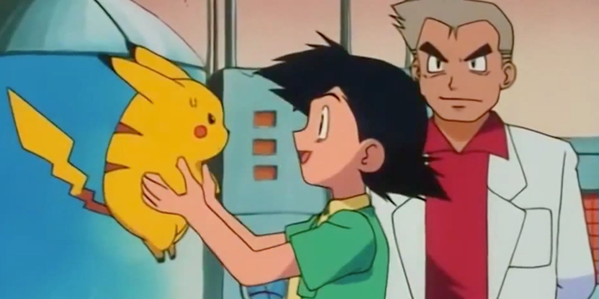 Pikachu, Ash, and Professor Oak from the Pokemon anime 