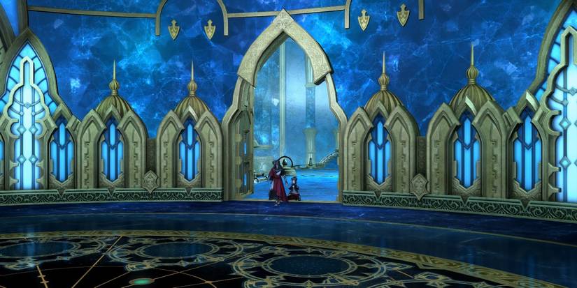 The Crystal Exarch and lalafell walking into the Ocular. 