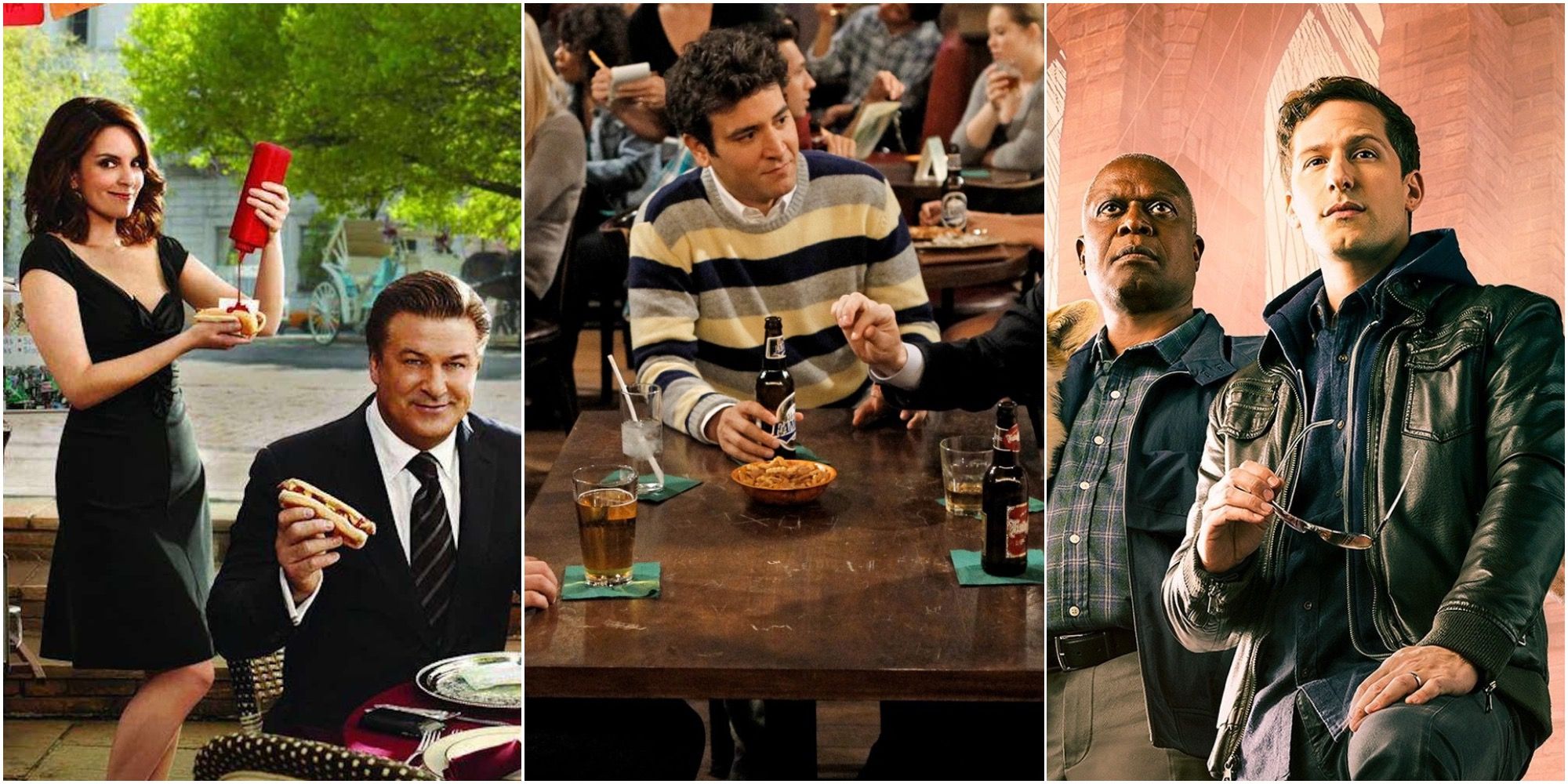 Split image promotional shots of characters and cast of 30 Rock, How I Met Your Mother and Brooklyn Nine-Nine