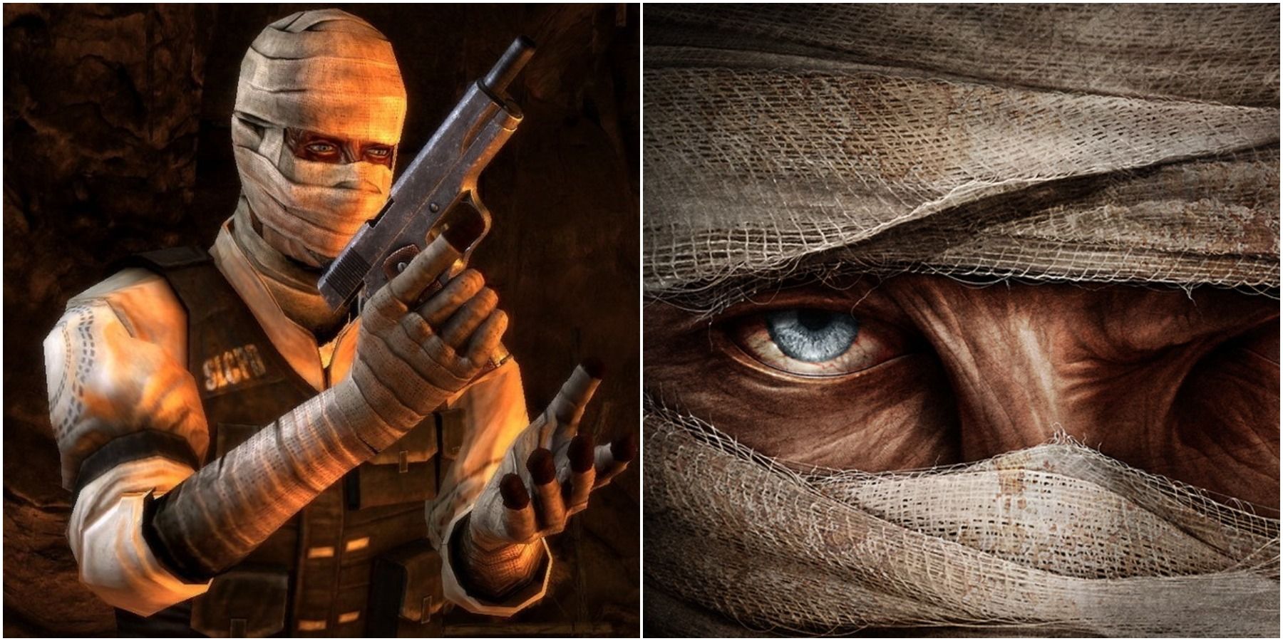 Split image of Joshua with gun and close up of his eye.