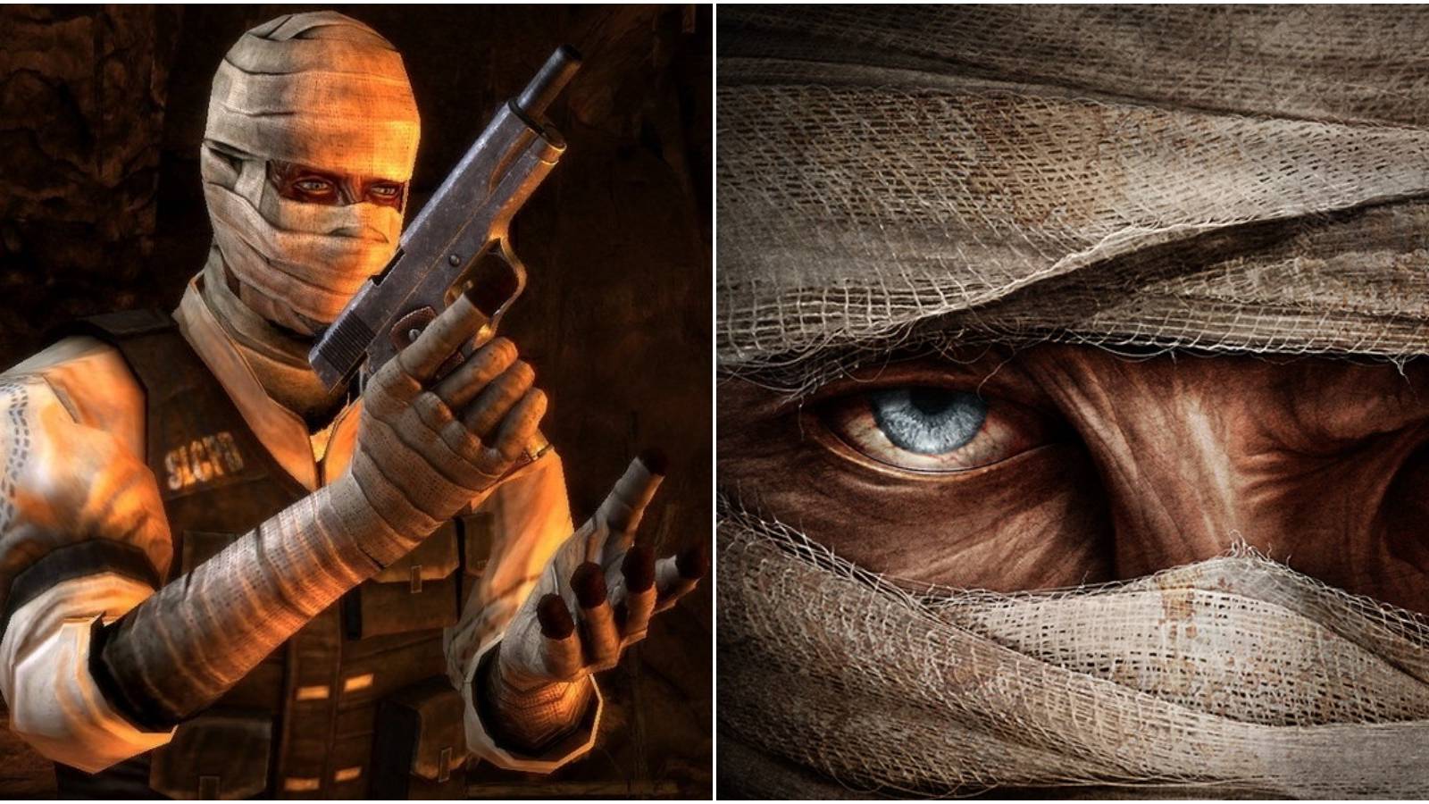 Split image of Joshua with gun and close up of his eye.