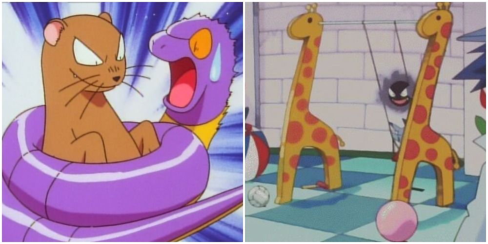 Split image of Ekans with a weasel and a giraffe swing. 