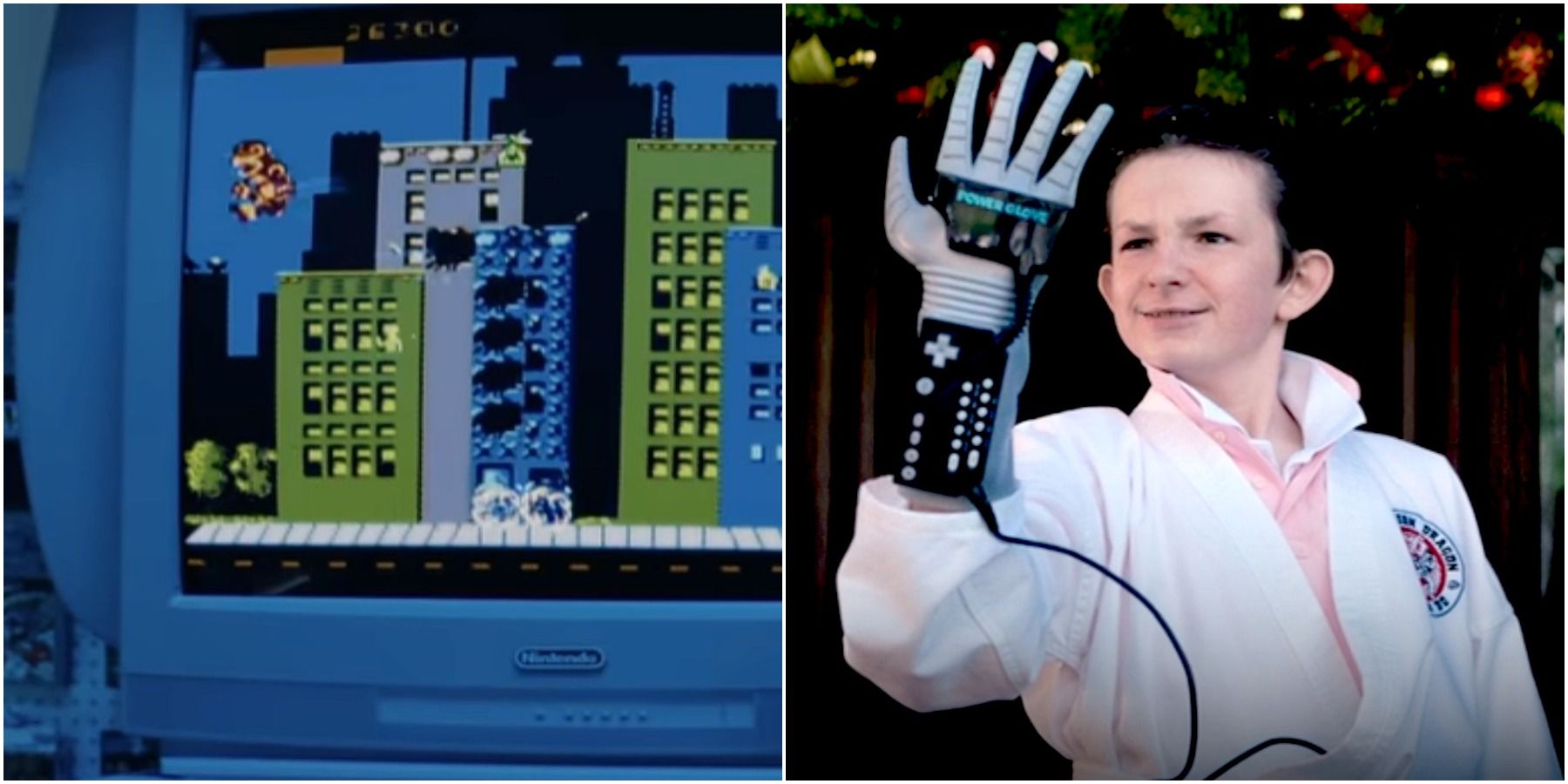 8-Bit Christmas split image of Rampage on TV and Keane with Power Glove