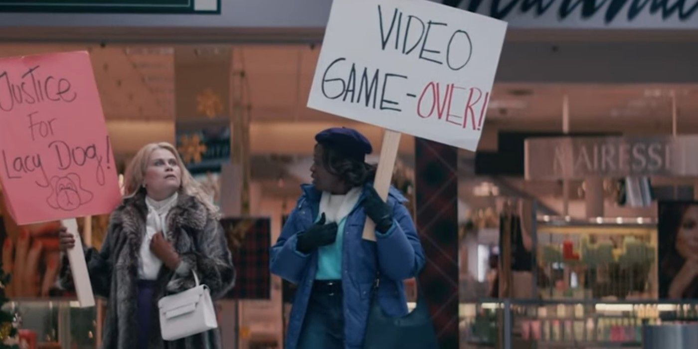 8-Bit mothers protesting in mall with Video Game Over sign