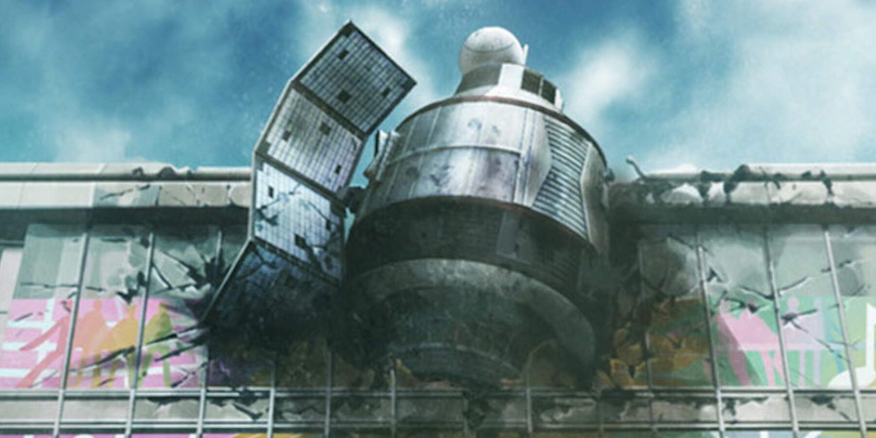 A satellite crashes into a building in the Steins Gate visual novel