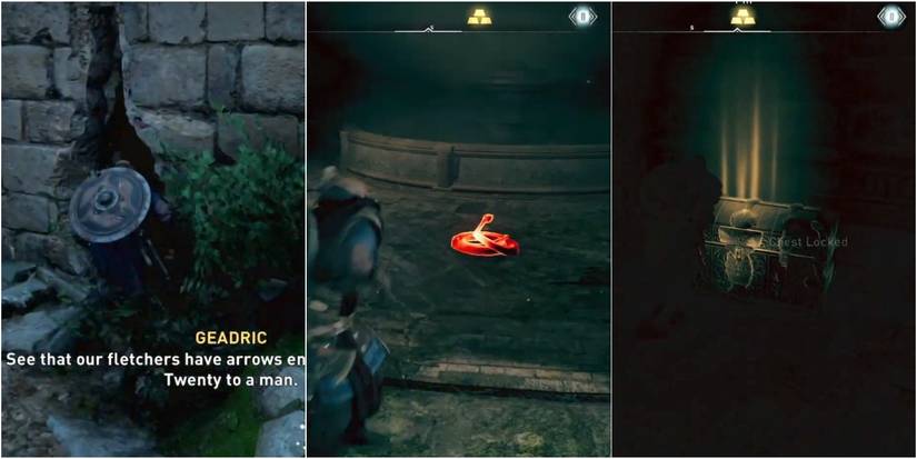 Split image of Eivor entering crevice with snake and loot chest in Assassin's Creed Valhalla Shrine of Derelict Chest