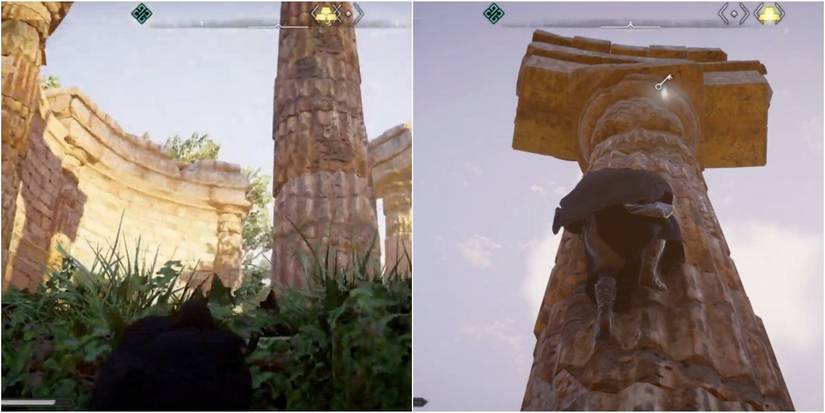 Split image of Eivor approaching and climbing Roman collumns in Assassin's Creed Valhalla Shrine of Derelict second key