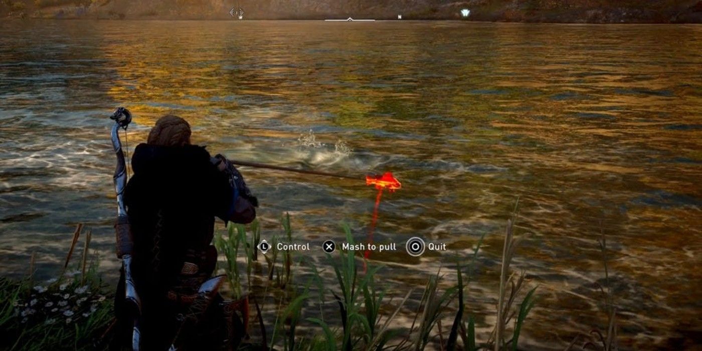 Assassin's Creed Valhalla Eivor Small Bullhead fishing in river during sunset
