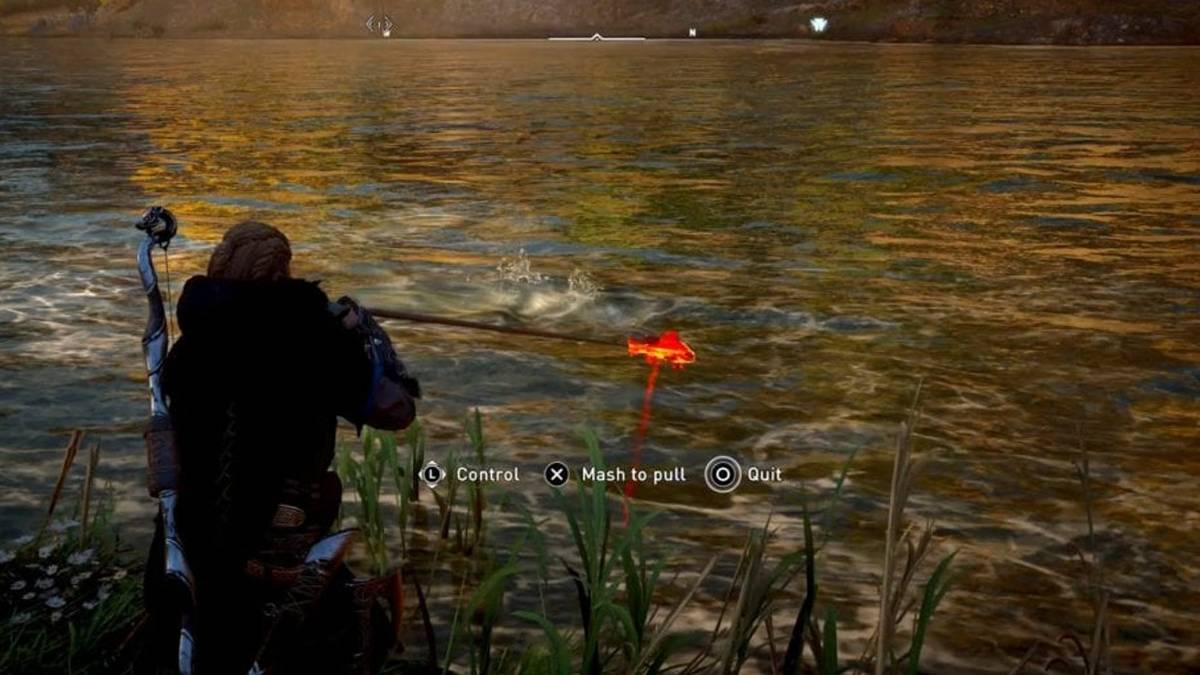 Assassin's Creed Valhalla Eivor Small Bullhead fishing in river during sunset