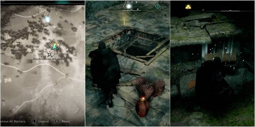 Split image of Oxenefordshire map and Eivor approaching underground lair with loot in AC Valhalla
