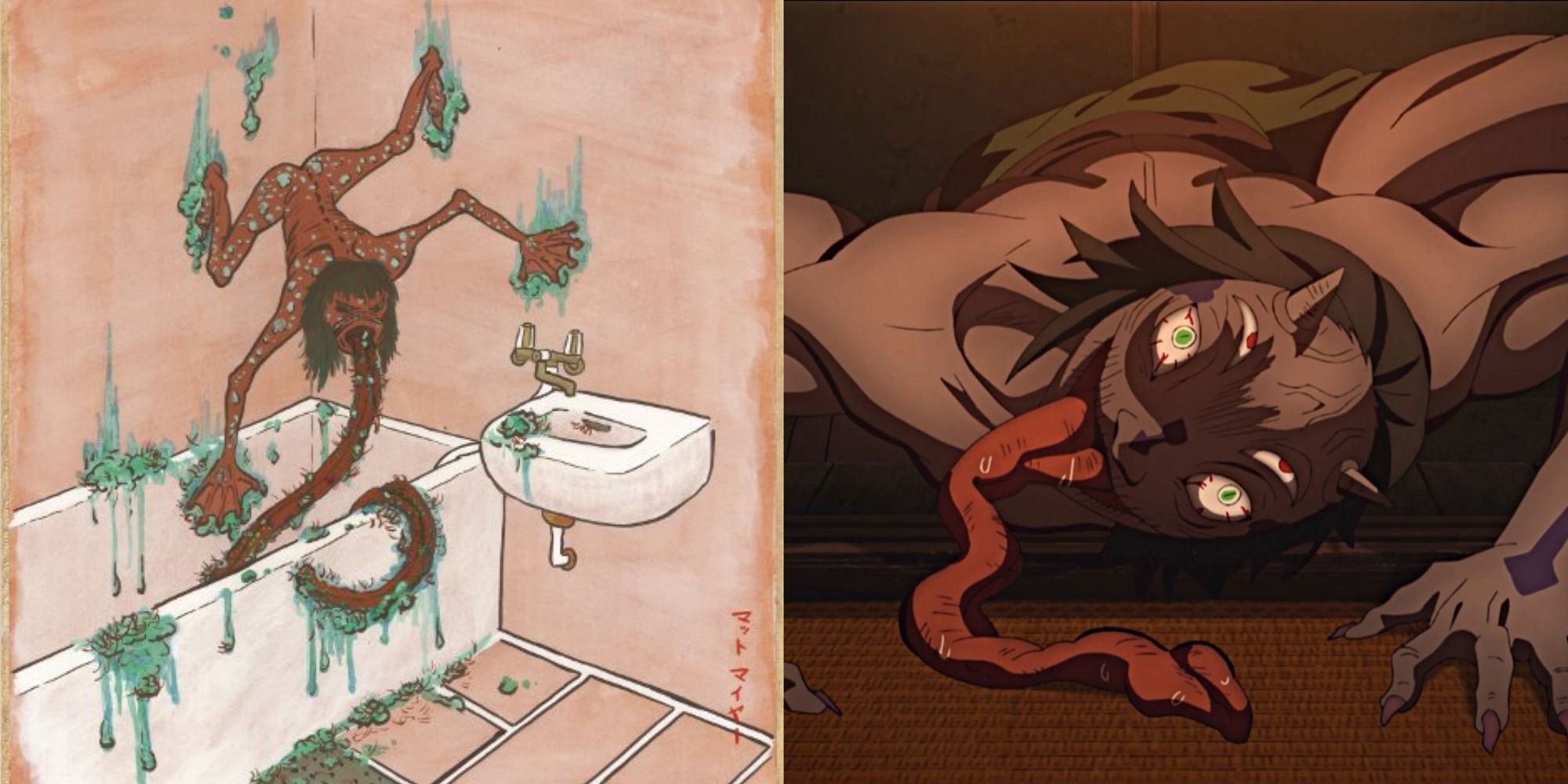 Akaname licking dirt in a bathroom and the Tongue Demon using his four limbs to walk