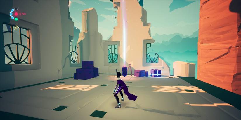 rei facing a cache with a blue light shooting out of the top on top of a crumbling, sandstone building