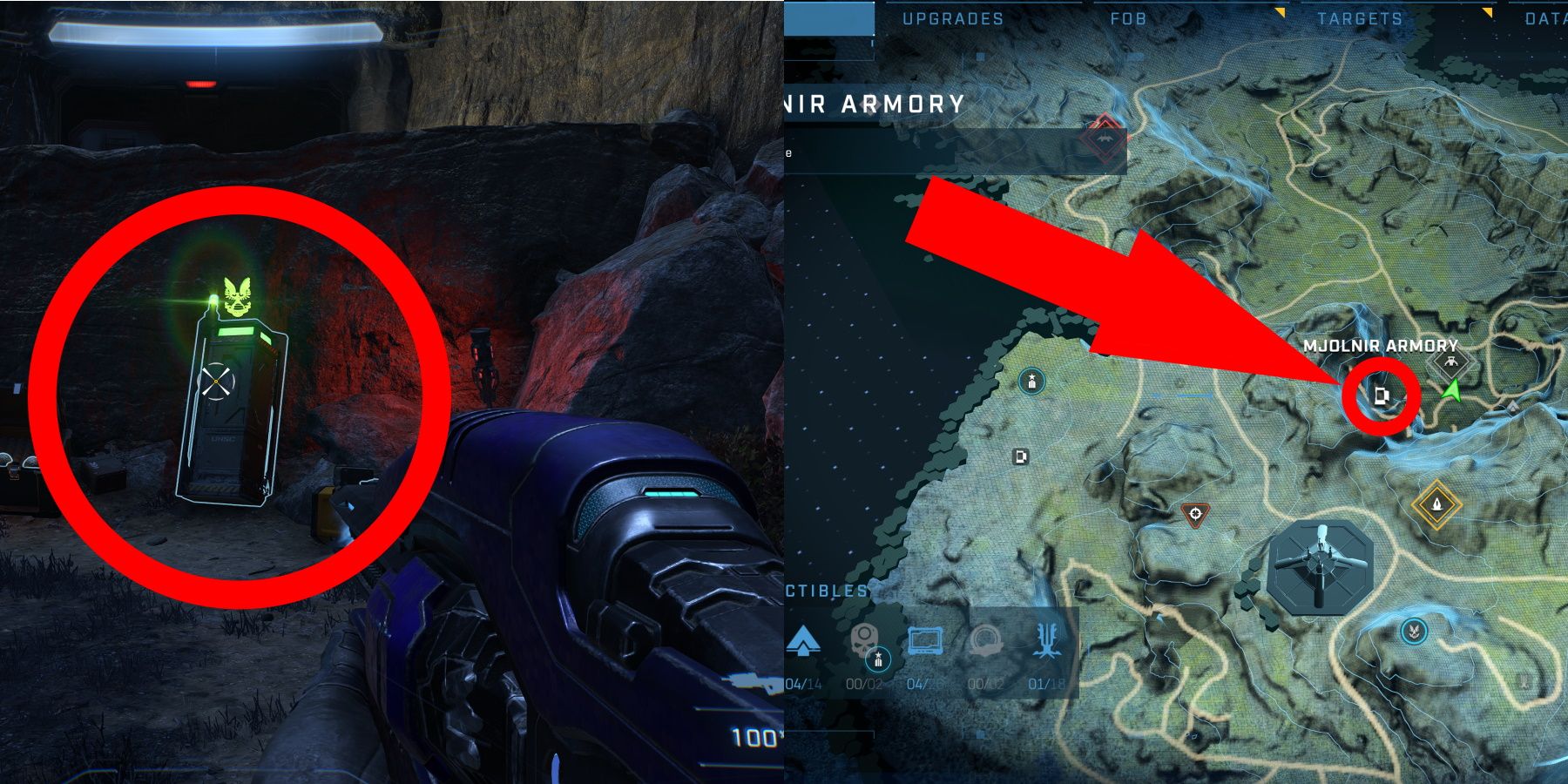 Excavation Site Mjolnir Armor Location circled in game and on map